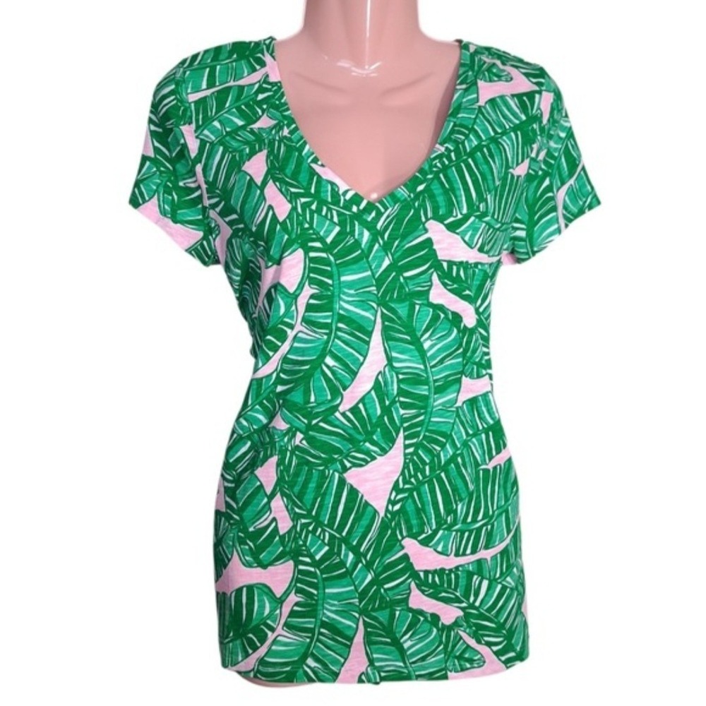 Lilly Pulitzer Top Size XS Etta‎ V-Neck Green Conch Shell Pink Let's Go Bananas